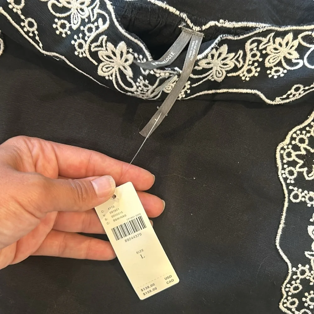 Anthropologie Embroidered Linen Tunic Top Black White Boho Cottagecore Summer L